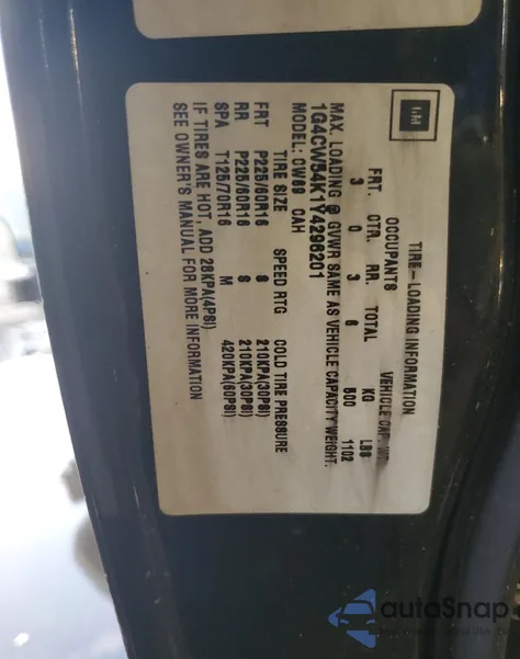 2000 Buick Park Avenue from USA, damaged, VIN 1G4CW54K1Y4296201